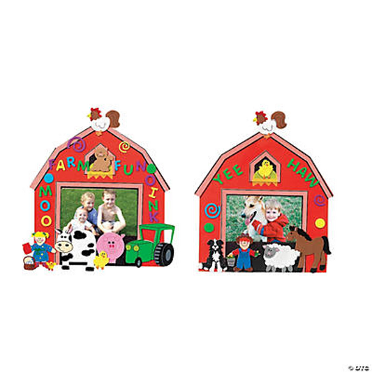 Two colorful barn-shaped photo frames with farm-themed decorations on a white background.