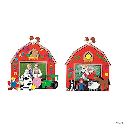 Two colorful barn-shaped photo frames with farm-themed decorations on a white background.