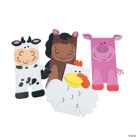 Brown, white, pink animal crafts including a cow, horse, sheep, and pig on a transparent background