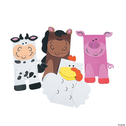 Brown, white, pink animal crafts including a cow, horse, sheep, and pig on a transparent background