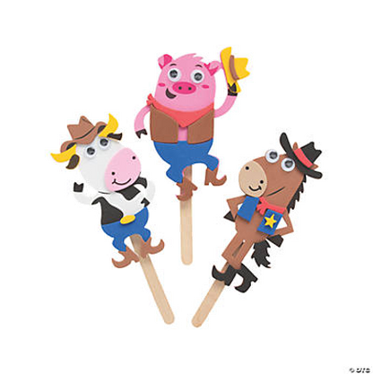 Three colorful farm animal cowboy-themed character crafts on sticks against a white background
