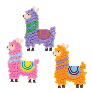 Three colorful llama-shaped crafts made  with pom poms on a white background