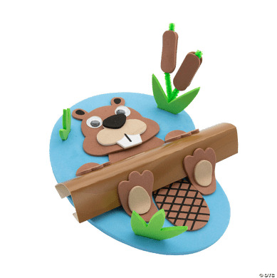 Foam craft featuring a beaver and cattails on a blue background