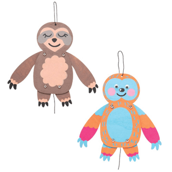 Two wooden sloths crafts one brown and one blue on a clear background.
