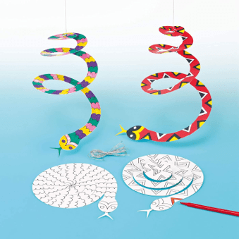 Colorful snake-shaped craft kit with templates and markers on a blue background