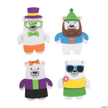 Four polar bear crafts wearing colorful outfits and accessories on a white background