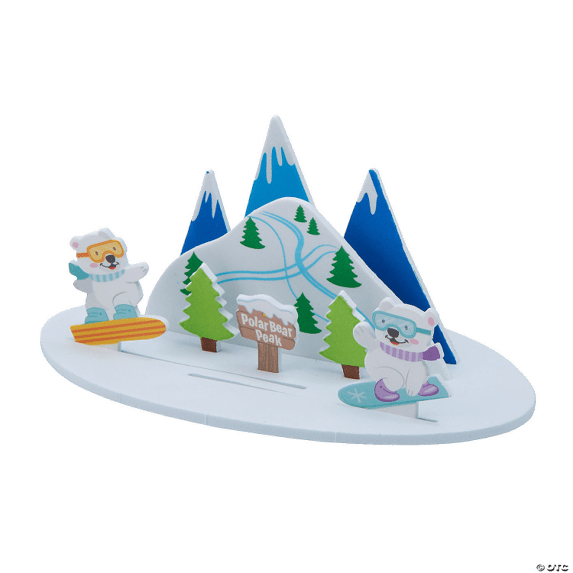 Decorative mountain scene with polar bears and trees on a transparent background