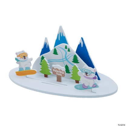 Decorative mountain scene with polar bears and trees on a transparent background