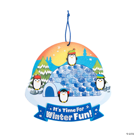 Decorative sign with penguins and ice cream cone, featuring 'It's Time For Winter Fun!' text on a white background.