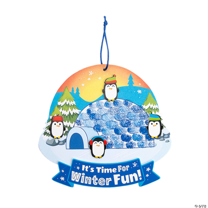 Decorative sign with penguins and ice cream cone, featuring 'It's Time For Winter Fun!' text on a white background.