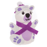 Polar bear plush craft with a purple scarf on a white background