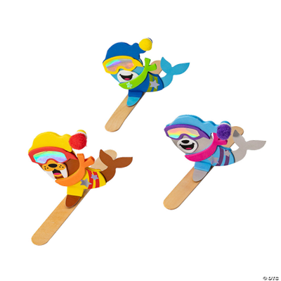 Colorful cartoon characters on crafts sticks against a white background