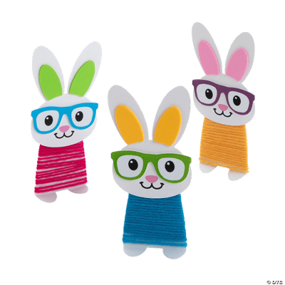 Three colorful bunny crafts with glasses on a transparent background