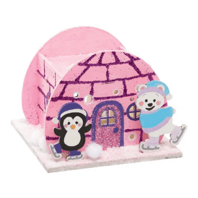 Pink glittery igloo with penguin and polar bear figures on a white background