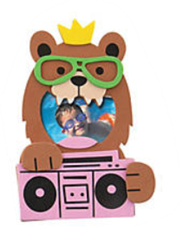 Picture frame - Bear with a crown, green glasses, and pink boombox on a white background