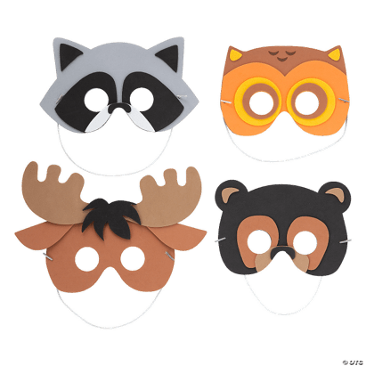 Four animal masks including a raccoon, owl, moose, and bear on a transparent background.
