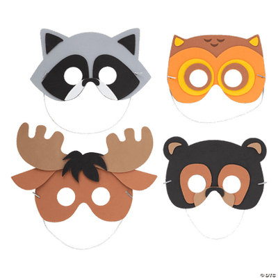 Four animal masks including a raccoon, owl, moose, and bear on a transparent background.