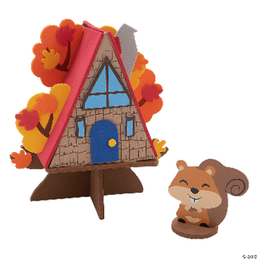 Wooden A-frame cabin with colorful autumn leaves and a small squirrel figure on a white background