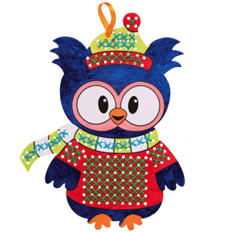 Colorful cross stitch owl with a festive hat and scarf on a white background