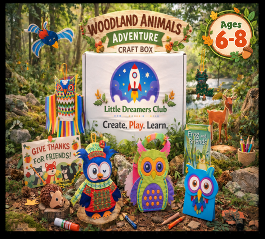Little Dreamers Club Woodland Animals Adventure Craft Box for kids ages 6–8, featuring colorful owl crafts, a hedgehog craft, deer figure, woodland decorations, and Frog and Friends and Give Thanks for Friends books.